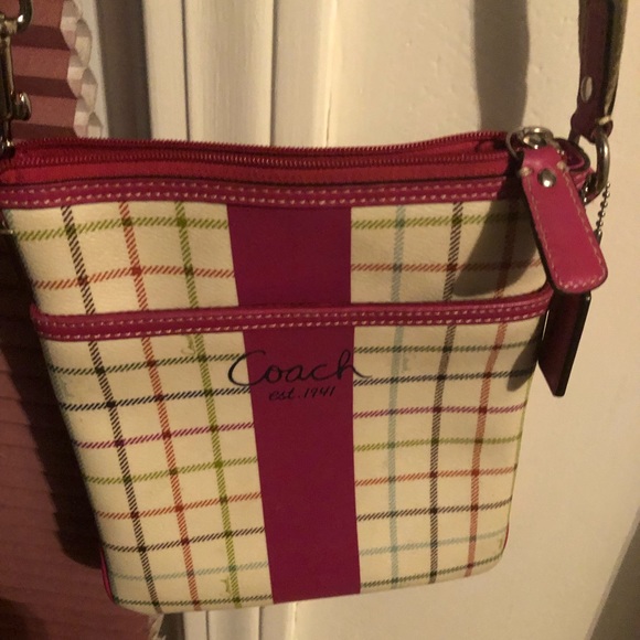 COACH Tattersal Pink & White Leather Crossbody Bag - Picture 1 of 8